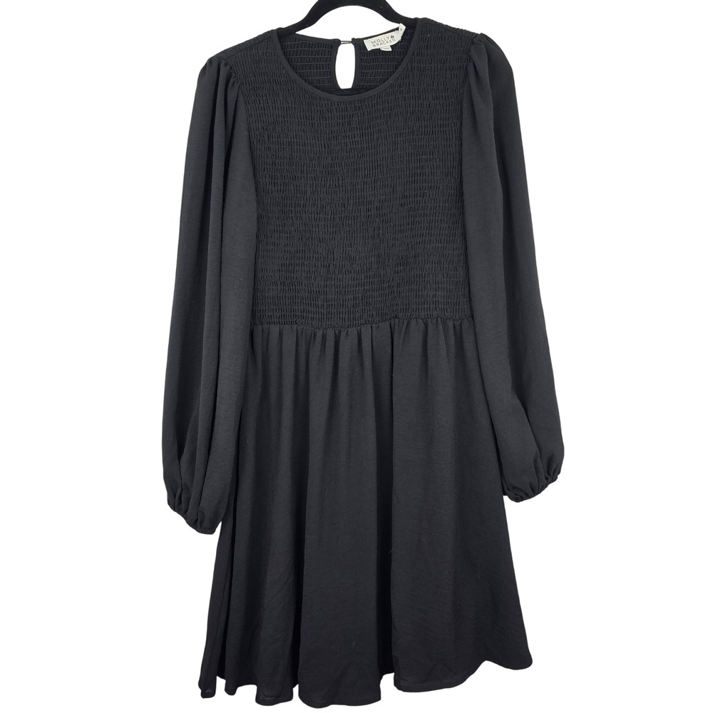 Molly Bracken Dress Smocked Long Sleeve Babydoll Mini Black Casual Womens Medium